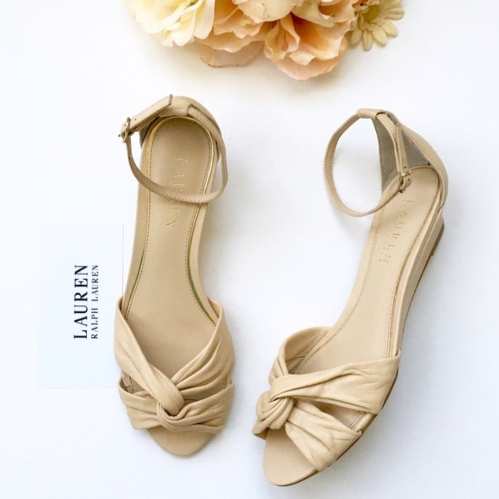 NWOT Lauren RL Mireya Leather Low Wedge Neutral SandalL - Picture 3 of 9